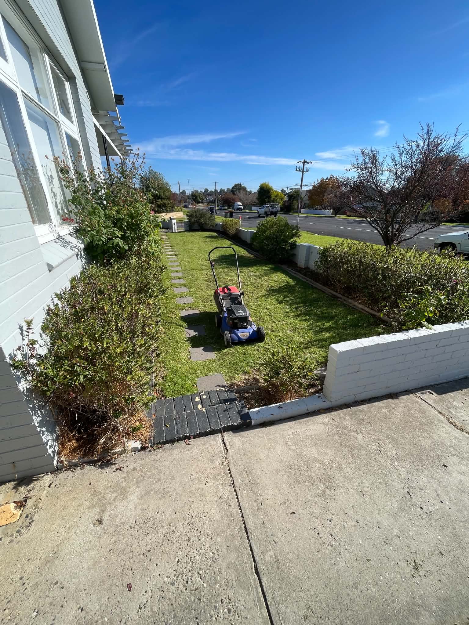 Lawn mower on a freshly cut Bendigo front garden